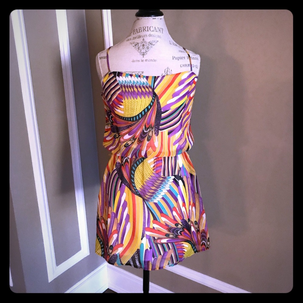 Groovy Multicolored Spaghetti Strap Short Dress with Cinched Waist Sz S